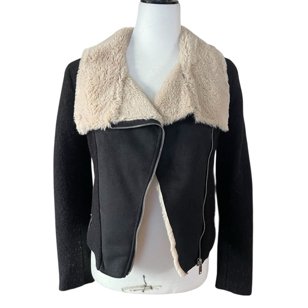 H&M Black Wool Blend Faux Fur Moto Jacket US 4